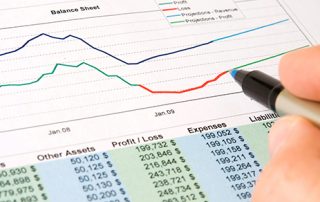 business financial statements with bar charts indicating increases and decreases